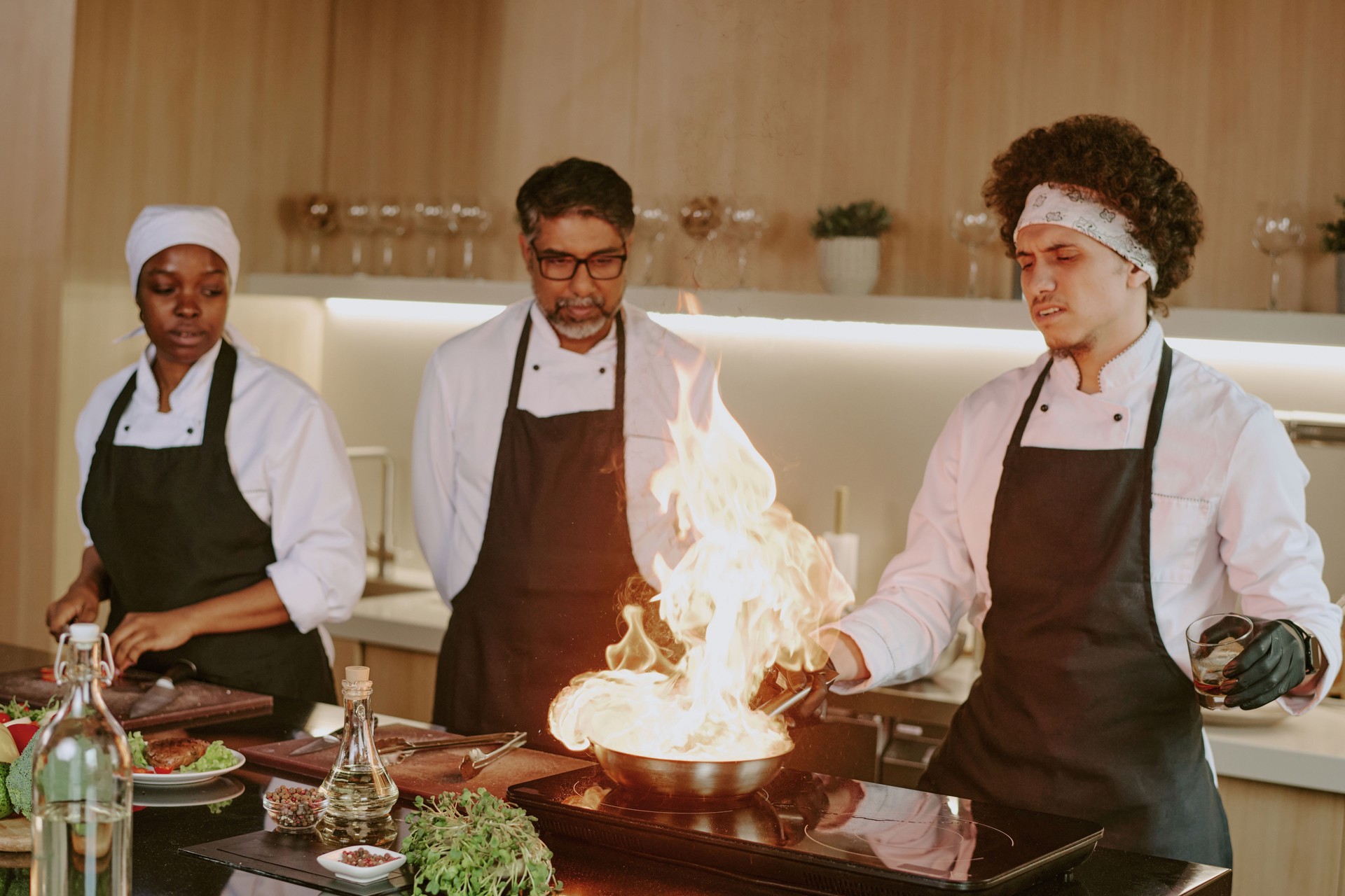 Sous Chef Cooking Flambe Steak